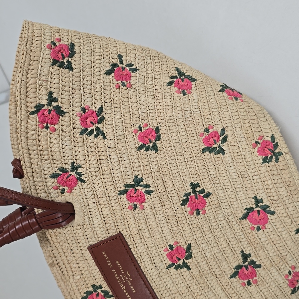 Sezane Justine Basket Bag Embroidered Pink Flowers Raffia - Picture 8 of 14